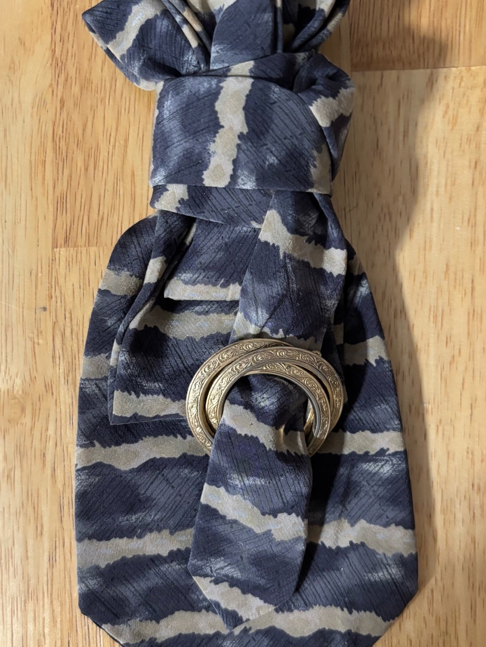 Striped Navy and Beige Silk Necktie Necklace with Decorative Slide